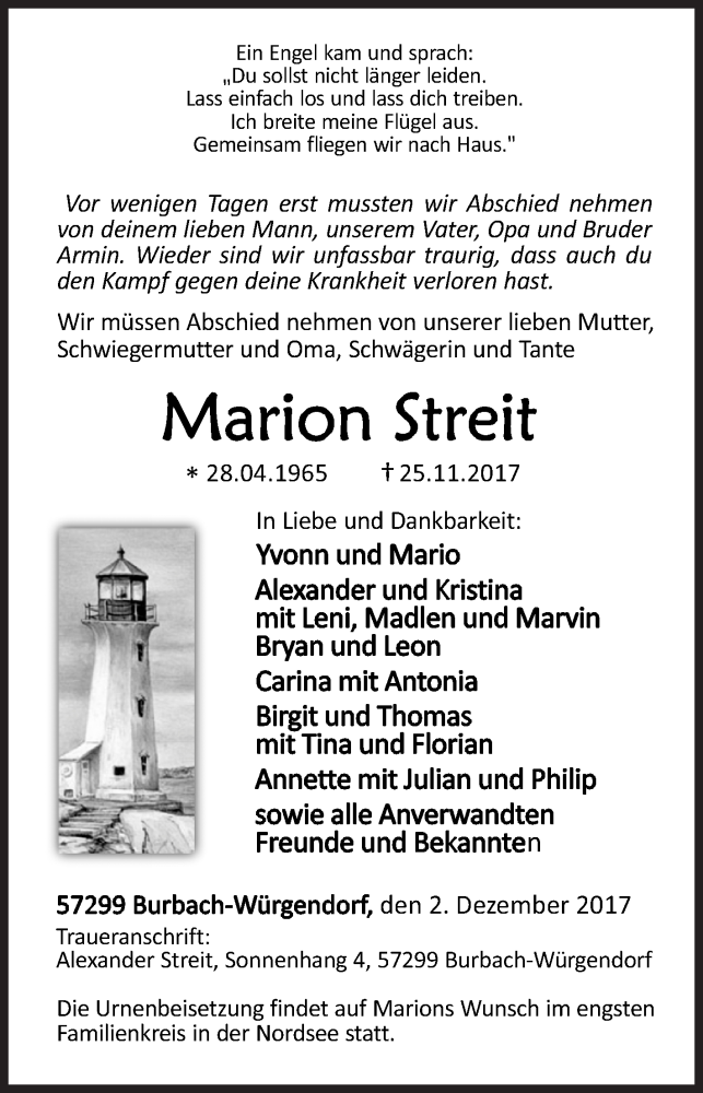  Traueranzeige für Marion Streit vom 02.12.2017 aus Siegener Zeitung