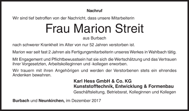  Traueranzeige für Marion Streit vom 02.12.2017 aus Siegener Zeitung