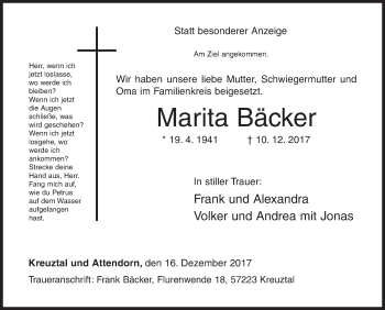 Traueranzeige von Marita Bäcker von Siegener Zeitung