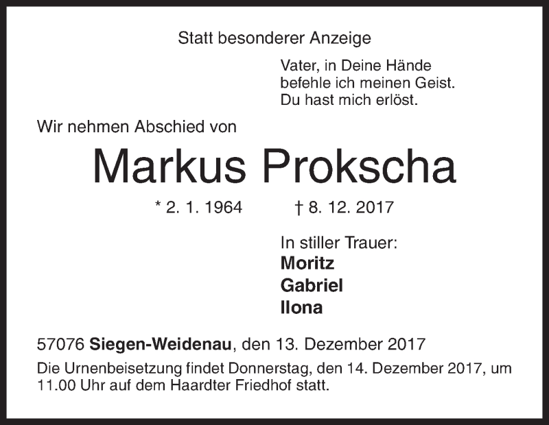  Traueranzeige für Markus Prokscha vom 13.12.2017 aus Siegener Zeitung