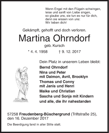 Traueranzeige von Martina Ohrndorf von Siegener Zeitung