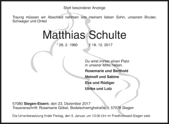 Traueranzeige von Matthias Schulte von Siegener Zeitung