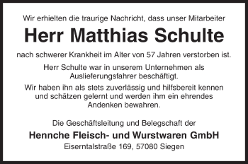 Traueranzeige von Matthias Schulte von Siegener Zeitung