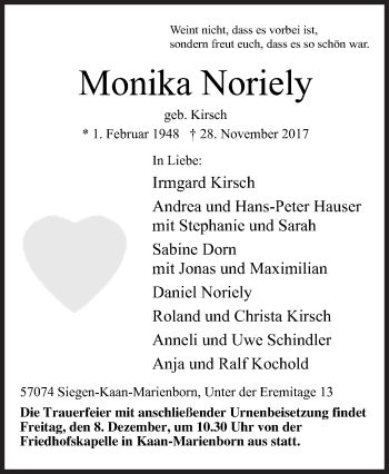 Traueranzeige von Monika Noriely von Siegener Zeitung