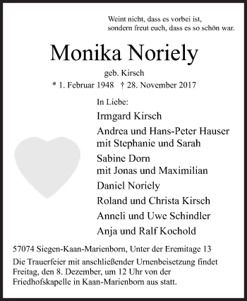 Traueranzeige von Monika Noriely von Siegener Zeitung