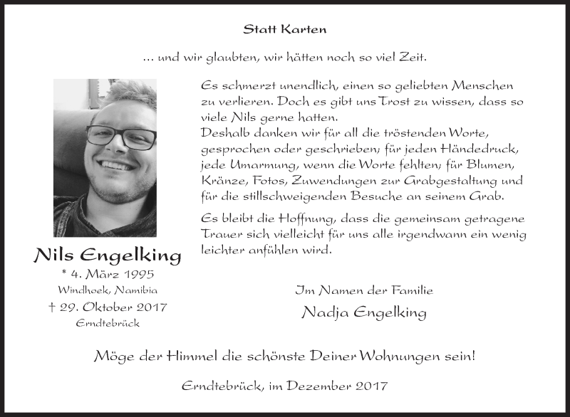 Traueranzeige für Nils Engelking vom 20.12.2017 aus Siegener Zeitung
