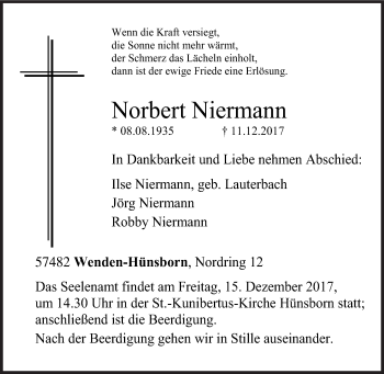 Traueranzeige von Norbert Niermann von Siegener Zeitung