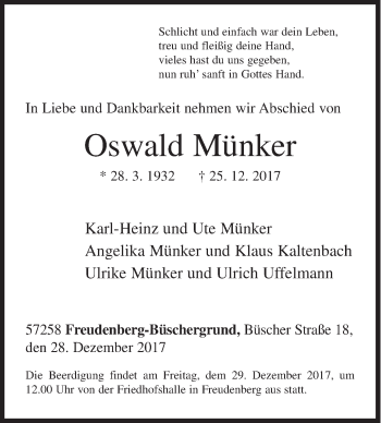 Traueranzeige von Oswald Münker von Siegener Zeitung