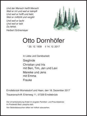 Traueranzeige von Otto Dornhöfer von Siegener Zeitung