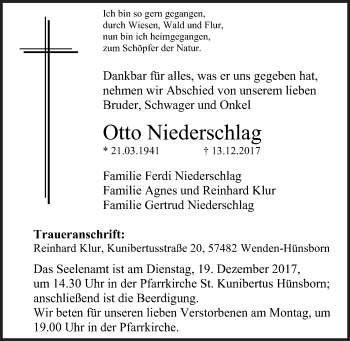 Traueranzeige von Otto Niederschlag von Siegener Zeitung