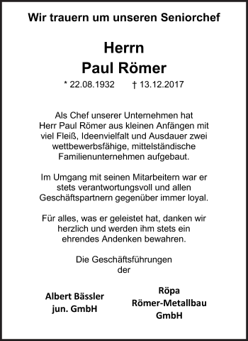 Traueranzeige von Paul Römer von Siegener Zeitung