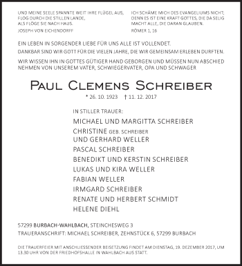 Traueranzeige von Paul Clemens Schreiber von Siegener Zeitung