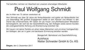 Traueranzeige von Paul Wolfgang Schmidt von Siegener Zeitung
