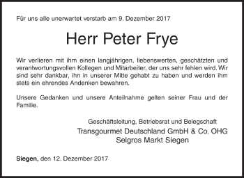 Traueranzeige von Peter Frye von Siegener Zeitung
