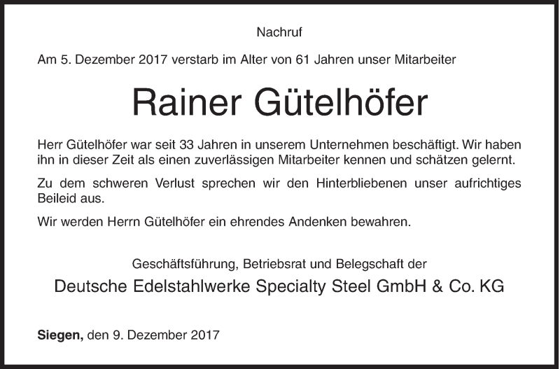  Traueranzeige für Rainer Gütelhöfer vom 09.12.2017 aus Siegener Zeitung