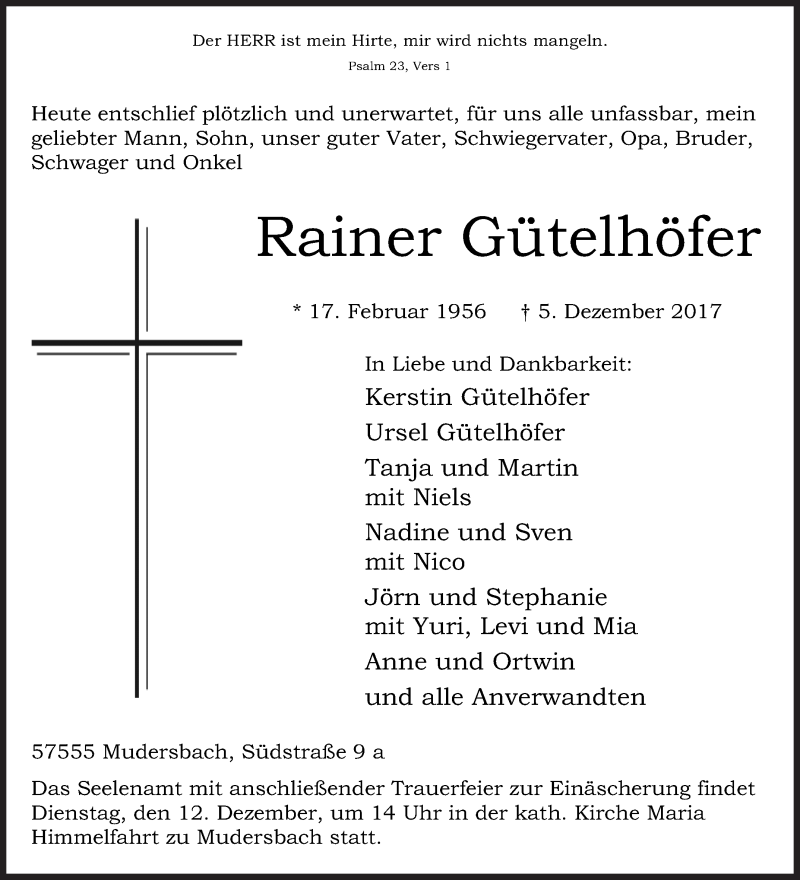  Traueranzeige für Rainer Gütelhöfer vom 08.12.2017 aus Siegener Zeitung