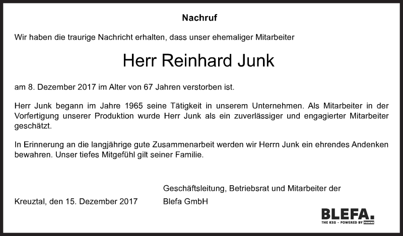  Traueranzeige für Reinhard Junk vom 15.12.2017 aus Siegener Zeitung