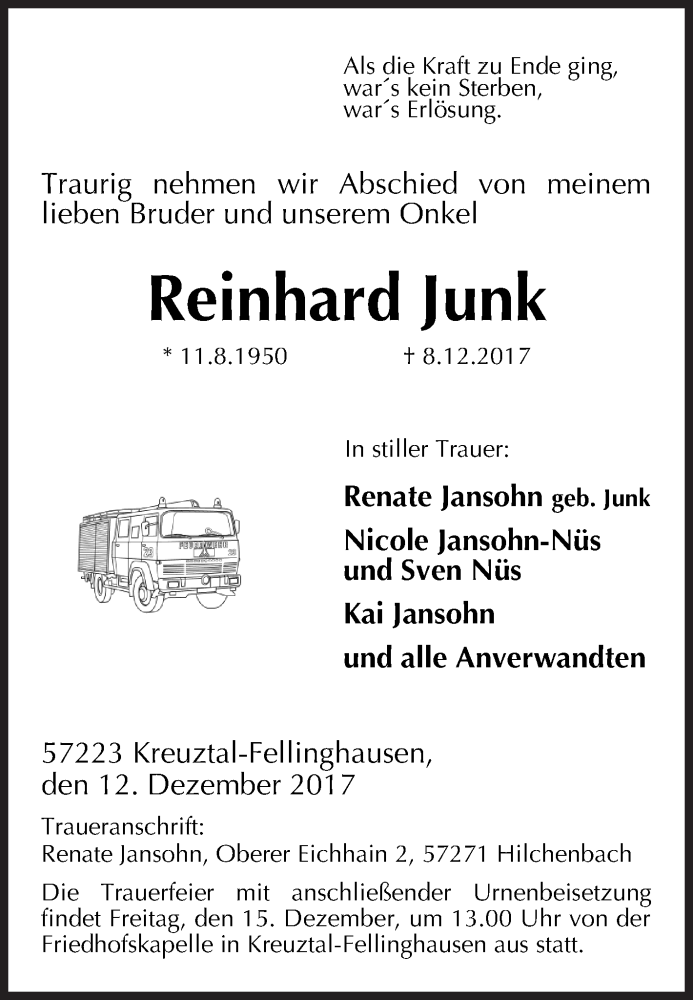  Traueranzeige für Reinhard Junk vom 12.12.2017 aus Siegener Zeitung