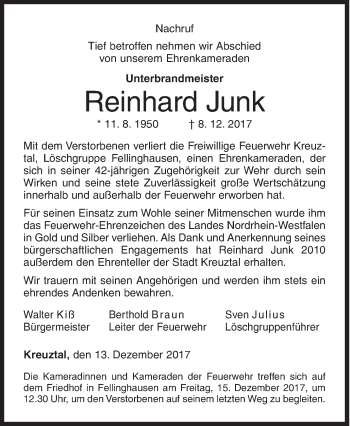 Traueranzeige von Reinhard Junk von Siegener Zeitung
