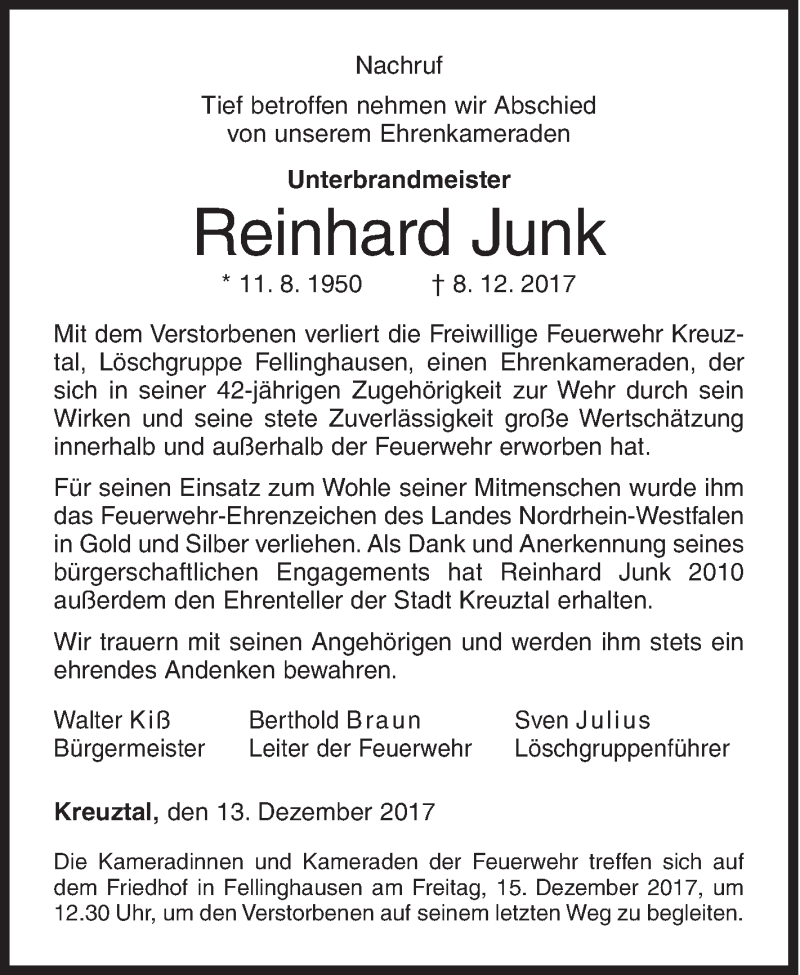  Traueranzeige für Reinhard Junk vom 13.12.2017 aus Siegener Zeitung