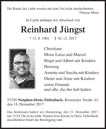 Traueranzeige von Reinhard Jüngst von Siegener Zeitung