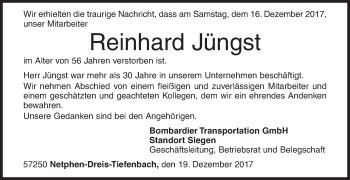 Traueranzeige von Reinhard Jüngst von Siegener Zeitung