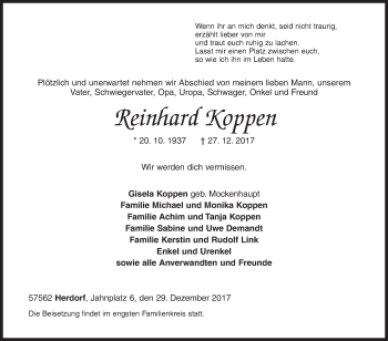 Traueranzeige von Reinhard Koppen von Siegener Zeitung