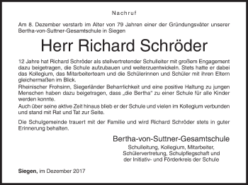 Traueranzeige von Richard Schröder von Siegener Zeitung
