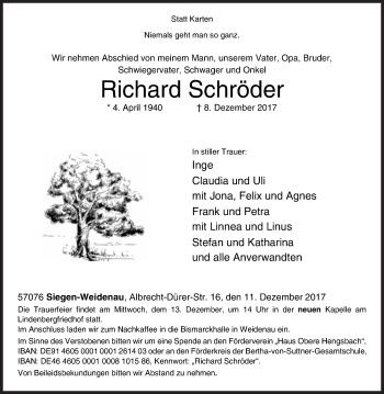 Traueranzeige von Richard Schröder von Siegener Zeitung