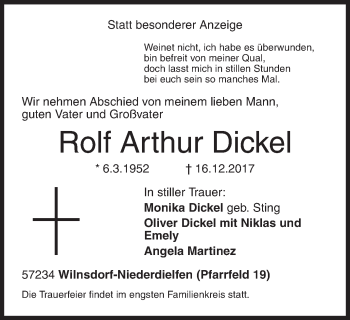 Traueranzeige von Rolf Arthur Dickel von Siegener Zeitung