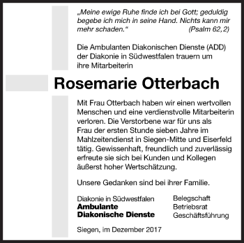 Traueranzeige von Rosemarie Otterbach von Siegener Zeitung