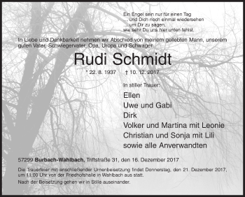 Traueranzeige von Rudi Schmidt von Siegener Zeitung