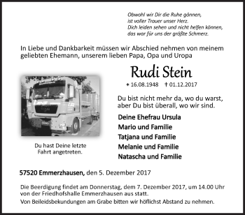 Traueranzeige von Rudi Stein von Siegener Zeitung