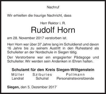 Traueranzeige von Rudolf Horn von Siegener Zeitung