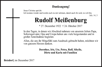 Traueranzeige von Rudolf Meißenburg von Siegener Zeitung