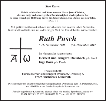 Traueranzeige von Ruth Pusch von Siegener Zeitung