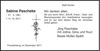 Traueranzeige von Sabine Pascheke von Siegener Zeitung