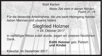 Traueranzeige von Siegfried Holzner von Siegener Zeitung