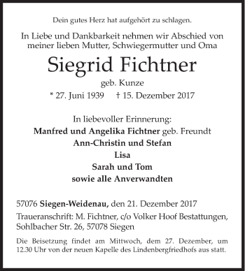 Traueranzeige von Siegrid Fichtner von Siegener Zeitung