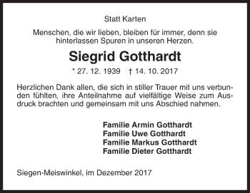 Traueranzeige von Siegrid Gotthardt von Siegener Zeitung