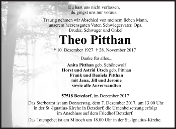 Traueranzeige von Theo Pitthan von Siegener Zeitung