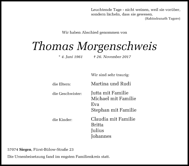  Traueranzeige für Thomas Morgenschweis vom 09.12.2017 aus Siegener Zeitung