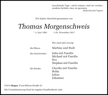 Traueranzeige von Thomas Morgenschweis von Siegener Zeitung