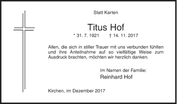 Traueranzeige von Titus Hof von Siegener Zeitung