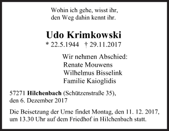 Traueranzeige von Udo Krimkowski von Siegener Zeitung