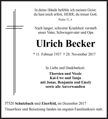 Traueranzeige von Ulrich Becker von Siegener Zeitung