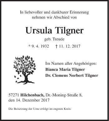 Traueranzeige von Ursula Tilgner von Siegener Zeitung
