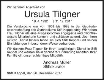 Traueranzeige von Ursula Tilgner von Siegener Zeitung