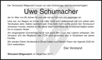 Traueranzeige von Uwe Schumacher von Siegener Zeitung