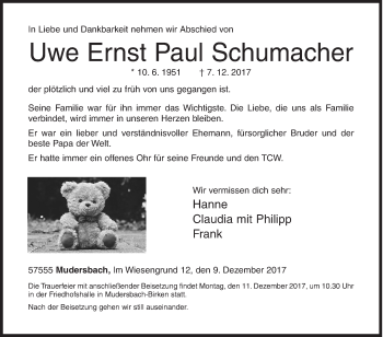 Traueranzeige von Uwe Ernst Paul Schumacher von Siegener Zeitung